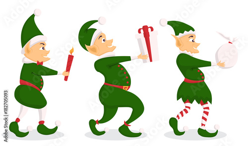 Set of christmas elf character with bag in a flat design