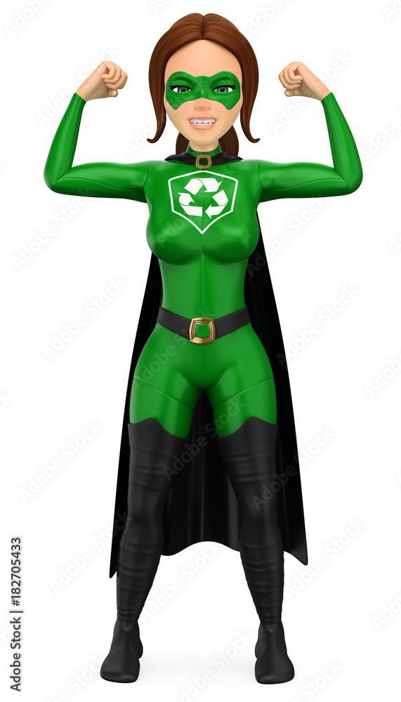 3D Woman superhero of recycling showing his muscles