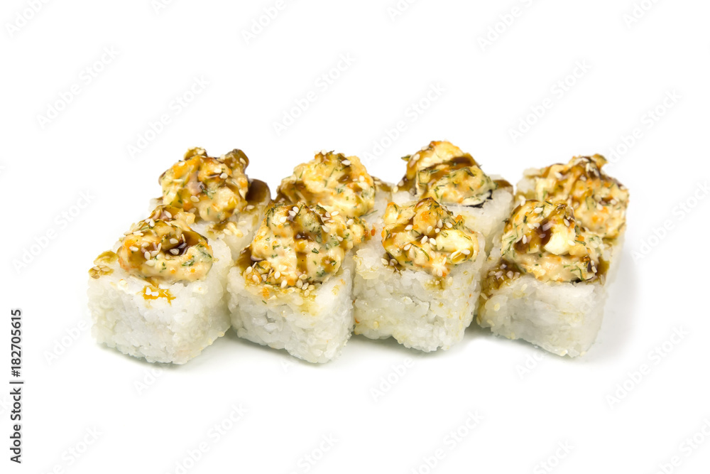 Sushi rolls on a white background. Japanese cuisine sushi rolls of different kinds on a white background isolated Sushi rolls on a white background. Japanese cuisine sushi rolls of different kinds on a white background isolated