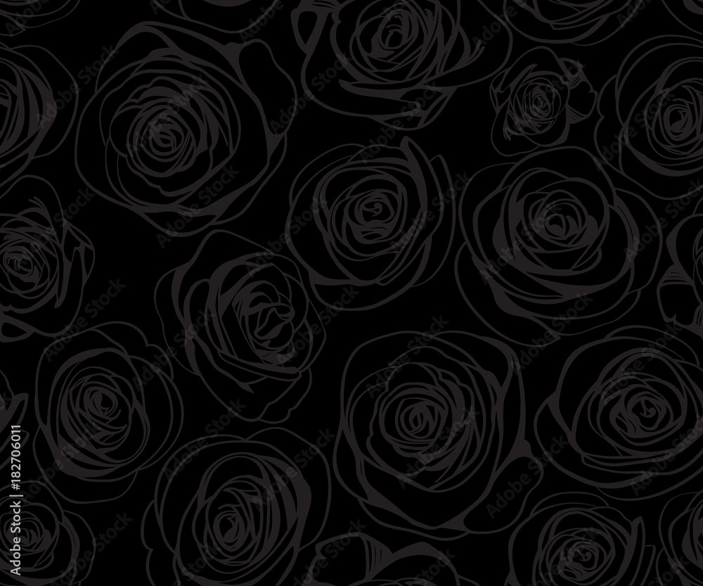 Black seamless pattern with gray line roses. Vector elegant vintage floral illustration Black seamless pattern with gray line roses. Vector elegant vintage floral illustration