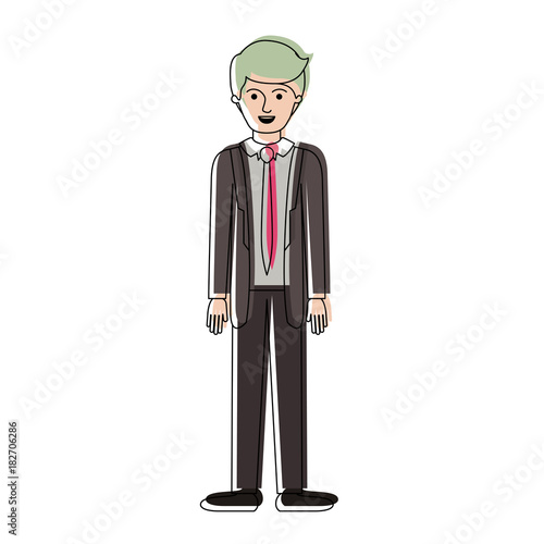 man full body with suit and tie and pants and shoes with short hair in watercolor silhouette vector illustration