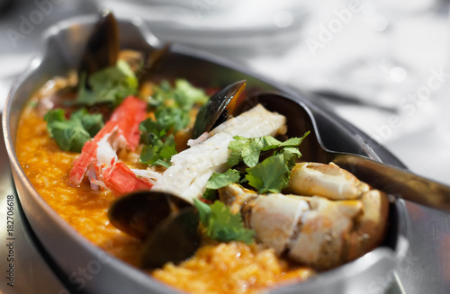 Rice paella with seafood. Arroz con mariscos.