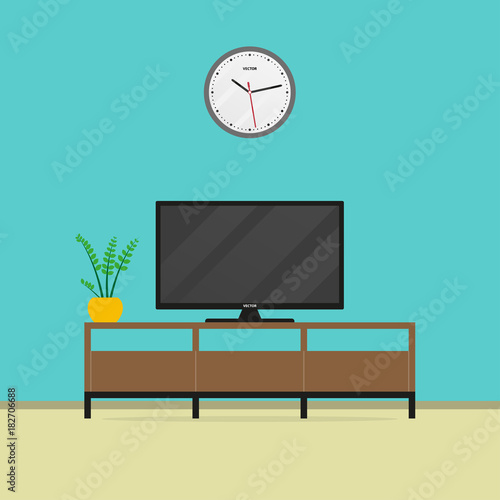 Living room interior with flat screen TV and TV stand. Vector illustration.