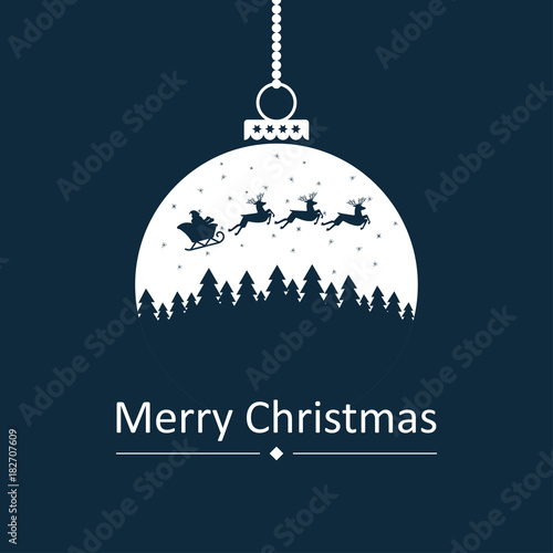 Santa flying with reindeer in sleigh above snowy landscape with trees. Merry Christmas card. Vector Illustration photo
