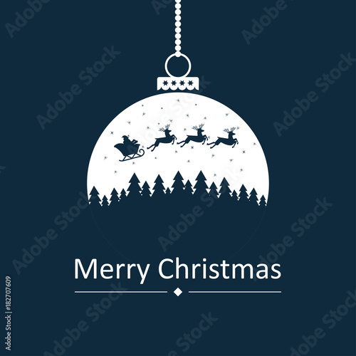 Santa flying with reindeer in sleigh above snowy landscape with trees. Merry Christmas card. Vector Illustration