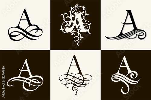 Vintage Set . Capital Letter A for Monograms and Logos. Beautiful Filigree Font. Victorian Style.