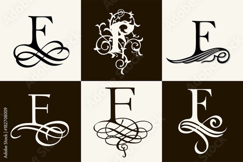 Vintage Set . Capital Letter F for Monograms and Logos. Beautiful Filigree Font. Victorian Style.