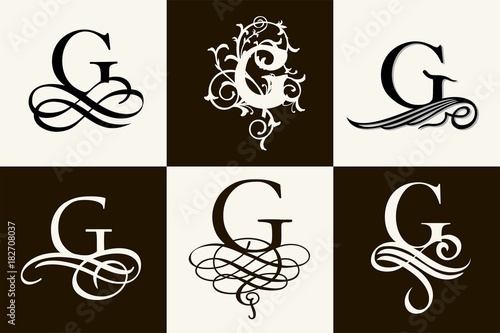 Vintage Set . Capital Letter G for Monograms and Logos. Beautiful Filigree Font. Victorian Style.