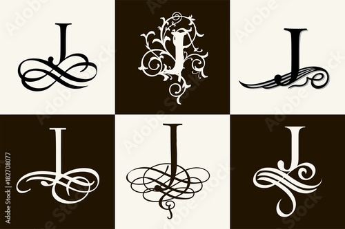 Vintage Set . Capital Letter J for Monograms and Logos. Beautiful Filigree Font. Victorian Style.