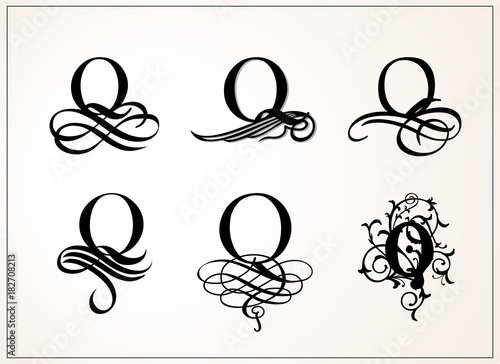 Vintage Set . Capital Letter Q for Monograms and Logos. Beautiful Filigree Font. Victorian Style.