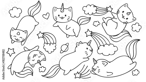 Hand drawn cute unicorn cats flying with stars and clouds for design element and coloring book page for kids or teens.