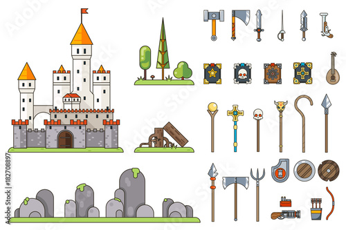 Fantasy Castle Game Weapons Screen Concept Adventurer RPG Flat Design Magic Fairy Tail Icon Isolated Template Vector Illustration