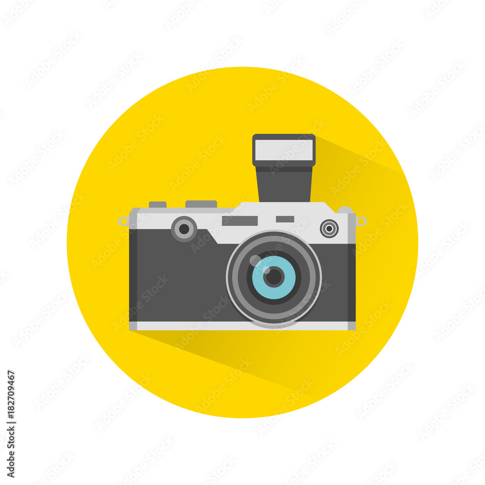 Photo camera icon in flat design style. Stylish retro camera with long shadow. Badge on yellow round background for web, advertising photographic equipment, interface Photo camera icon in flat design style. Stylish retro camera with long shadow. Badge on yellow round background for web, advertising photographic equipment, interface
