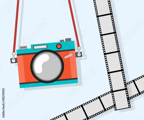 Photo camera icon and film in flat design style. Stylish retro film camera in red and blue colors. Vector illustration for web, advertising photographic equipment, interface, poster