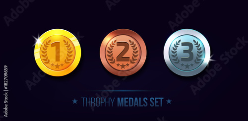 Trophy medals set design for game. Level results vector illustration isolated on white background