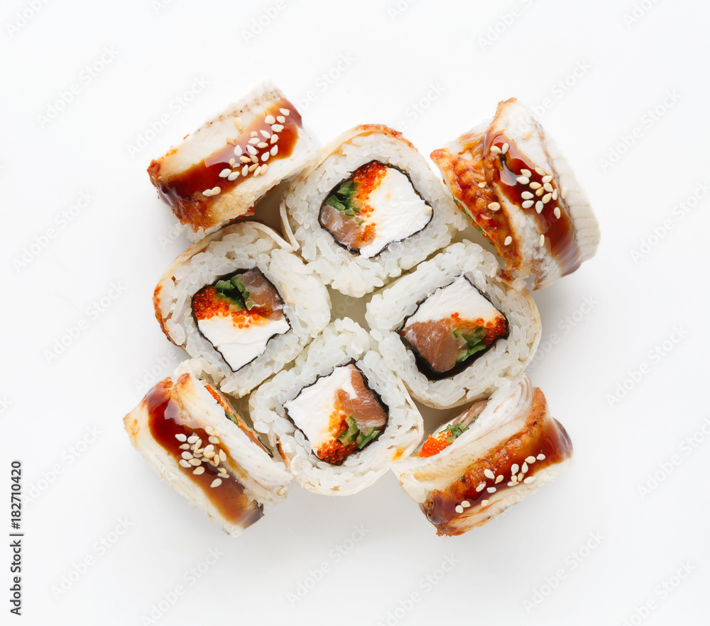 Set of fish rolls isolated on white, closeup Set of fish rolls isolated on white, closeup