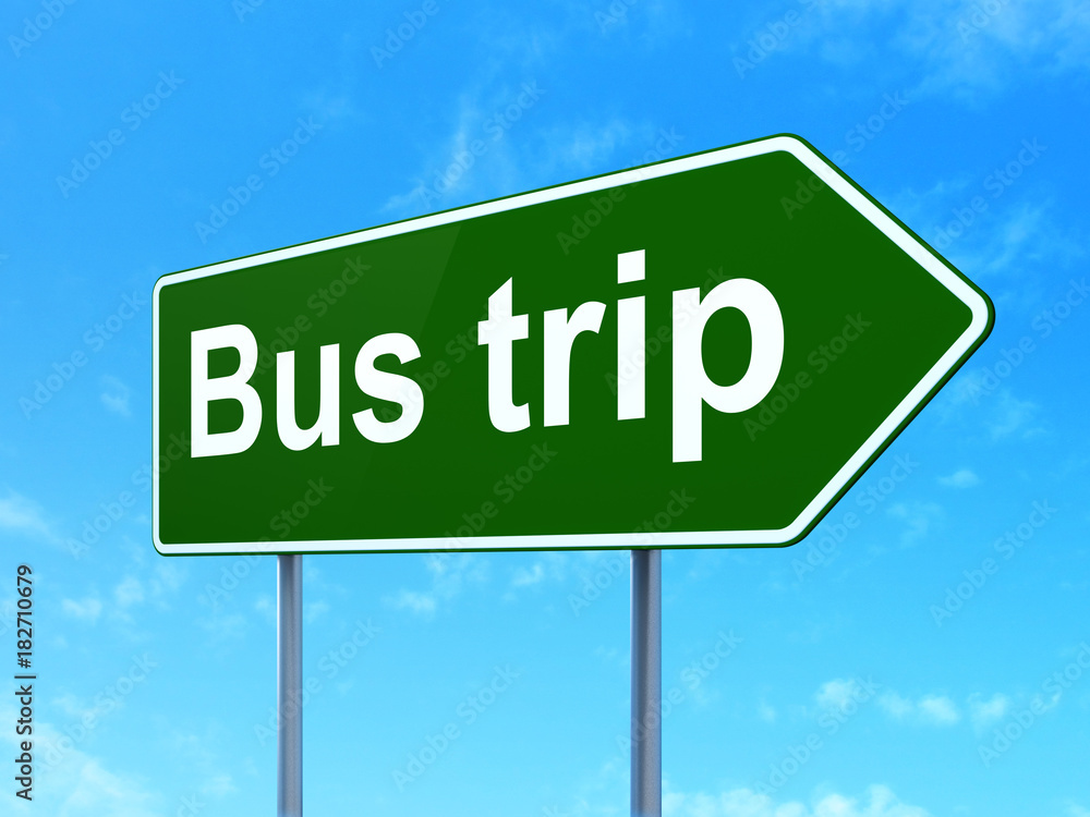 Tourism concept: Bus Trip on green road highway sign, clear blue sky background, 3D rendering Tourism concept: Bus Trip on green road highway sign, clear blue sky background, 3D rendering