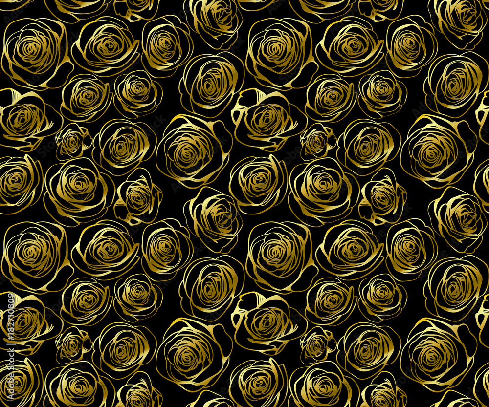 Black seamless pattern with golden line roses. Vector elegant vintage floral illustration