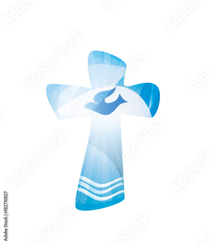 Christian cross baptism with waves of water and dove on blue background. Religious sign. Multiple.exposure