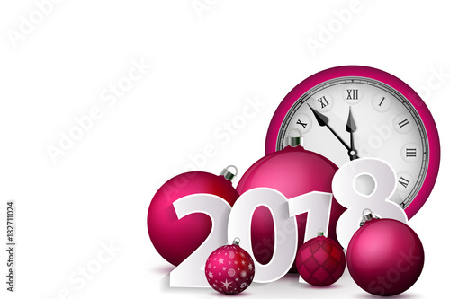 Xmas and New Year 2018 concept. Pink christmas balls with silver holders and vintage watch. Set of isolated realistic objects. Vector illustration