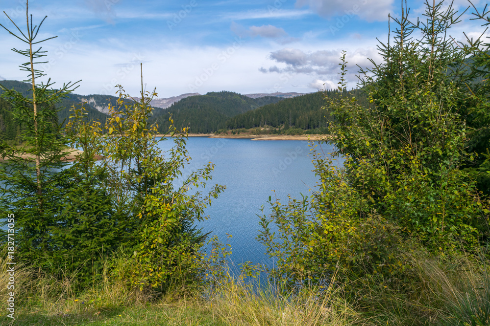 Panoramic view of Bolboci Lake, Bucegi National Park, Bucegi massif, Carpathians Mountains, Transylvania, Romania