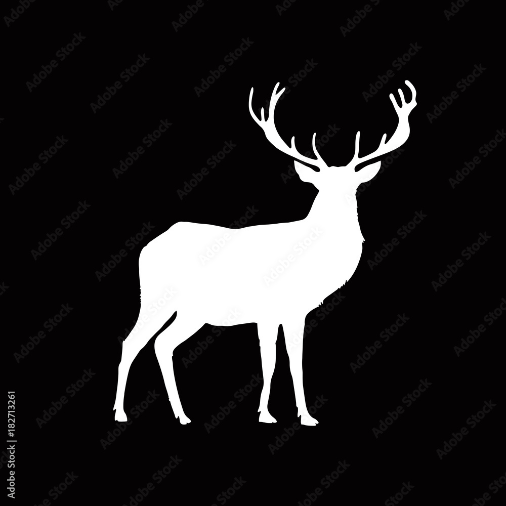 Fototapeta premium White silhouette of reindeer with big horns isolated on black background.
