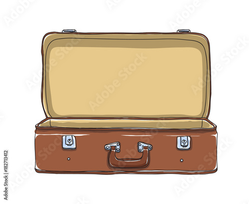 Brown Suitcase Vintage Storage Luggage Empty and open hand drawn vector art illustration