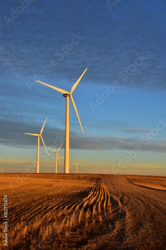 Wind turbines producing clean renewable energy in North Dakota.