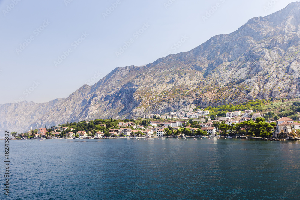 view from the sea to the mountain architectural landscape, summer travel Montenegro view from the sea to the mountain architectural landscape, summer travel Montenegro