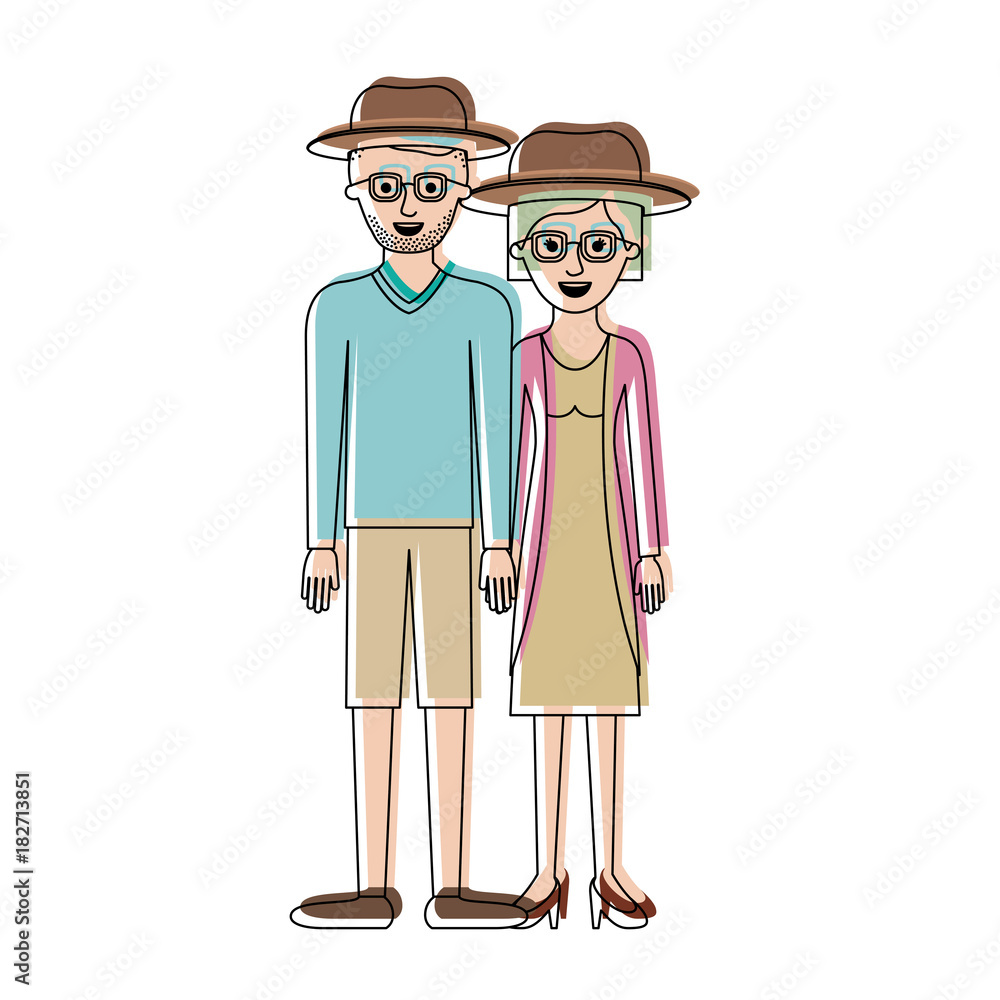 couple in watercolor silhouette and both with hat and glasses and him with stubble beard and sweater and short pants and shoes and her with jacket and dress and heel shoes with short hair vector couple in watercolor silhouette and both with hat and glasses and him with stubble beard and sweater and short pants and shoes and her with jacket and dress and heel shoes with short hair vector