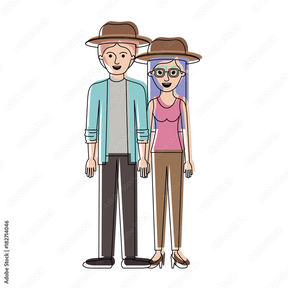 couple in watercolor silhouette and both with hat and pants and him with shirt and jacket and pants and shoes and her with blouse and heel shoes with long straight hair vector illustration couple in watercolor silhouette and both with hat and pants and him with shirt and jacket and pants and shoes and her with blouse and heel shoes with long straight hair vector illustration
