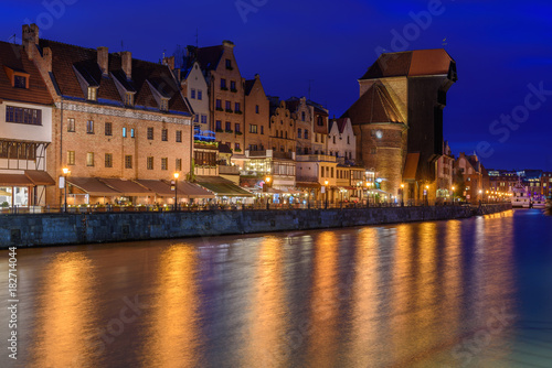 Old town of Gdansk with ancient crane at night. Poland, Europe.