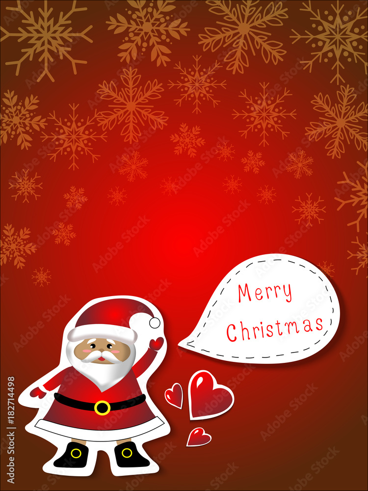 Vector and illustration Santa claus sticker with Merry christmas speech balloon and red heart, cute hand drawing style, on red color background and gold color snowflake Vector and illustration Santa claus sticker with Merry christmas speech balloon and red heart, cute hand drawing style, on red color background and gold color snowflake