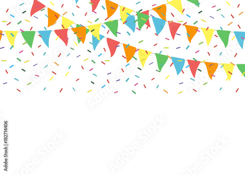 Colorful party flags with confetti. Celebrate flags. Party background with flags and confetti