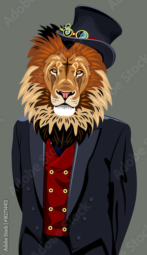 Portrait of lion in the men's business suit and hat