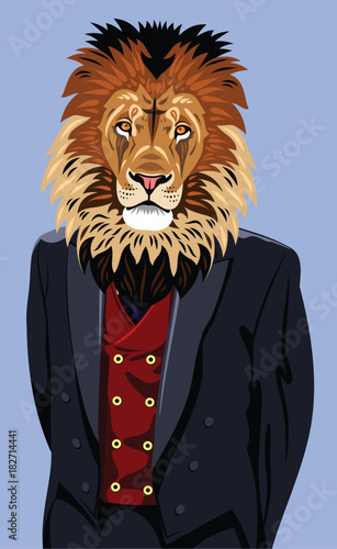 Portrait of lion in the men's business suit and hat