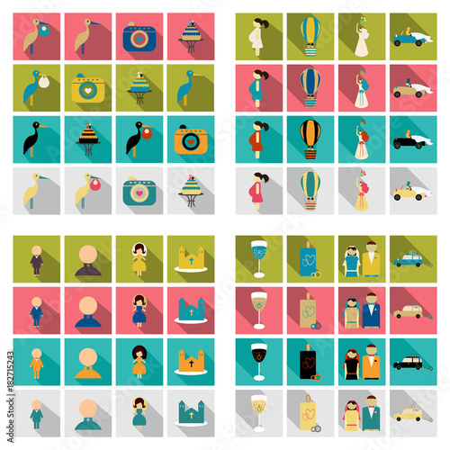 Set of weddings icons in flat style with shadow