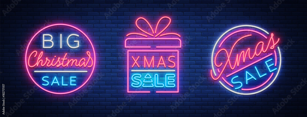 Christmas sale discounts, a set of cards in neon-style. Collection of Neon signs, bright poster, luminous night advertising of Christmas sales. Vector illustration Christmas sale discounts, a set of cards in neon-style. Collection of Neon signs, bright poster, luminous night advertising of Christmas sales. Vector illustration