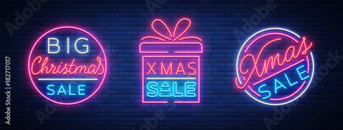 Christmas sale discounts  a set of cards in neon-style. Collection of Neon signs  bright poster  luminous night advertising of Christmas sales. Vector illustration