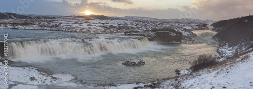 Panoramic view of Gullfoss waterfall in winter, Iceland