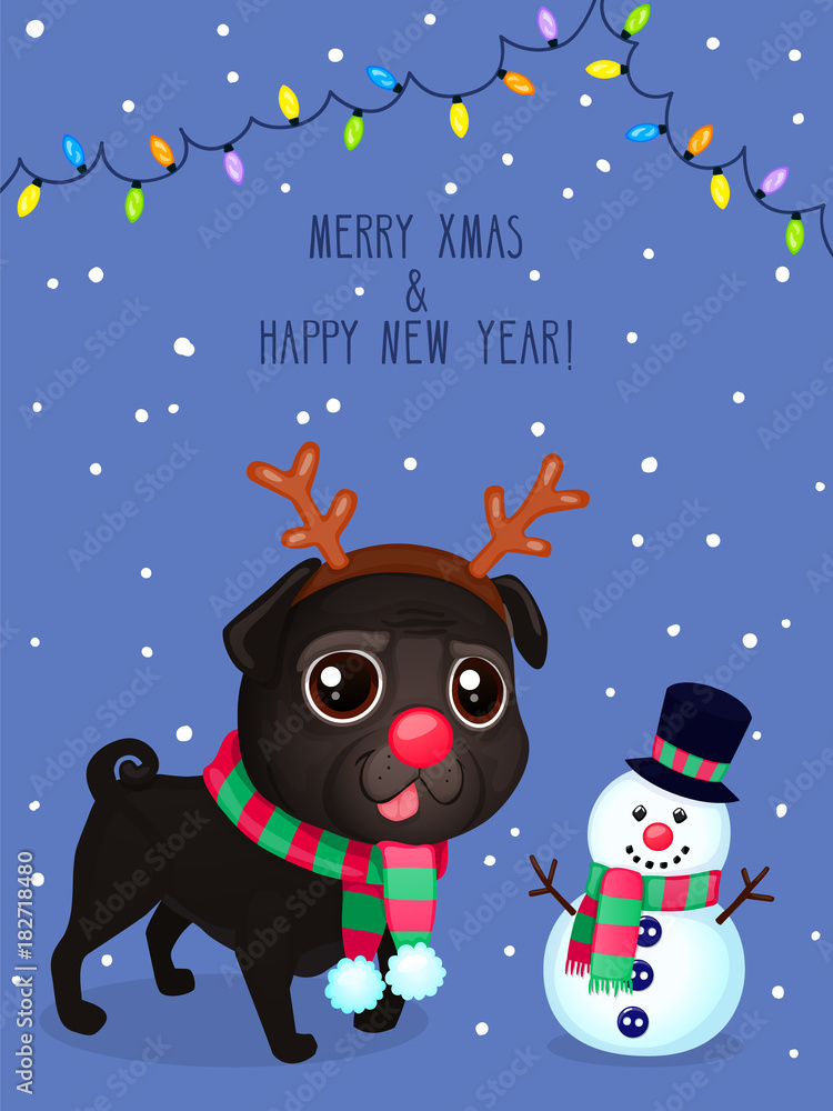 Vector color illustration of christmas dog and snowman. Christmas greeting card with black pug. Symbol of new year 2018.