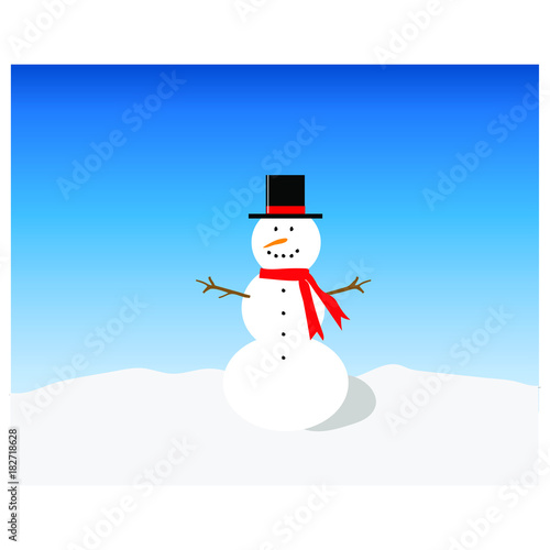 Winter scene with snow on the ground, a snowman with black top hat, carrot nose, coal eyes buttons, tree branch sticks for arms, and red scarf.