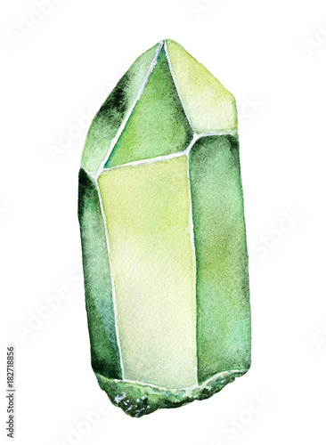 Watercolor Green Gemstone drawing. One single object. Long square, rectangle stick geometric shape. Bright, clean, clear, realistic. Hand painted water color illustration, isolated, white background.