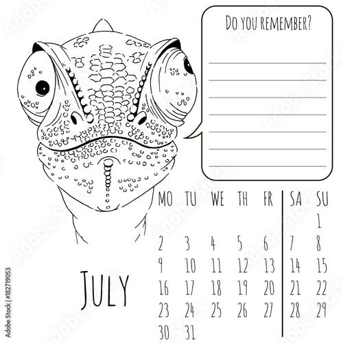 Calendar reminder with cute graphic chameleon in vector 2018