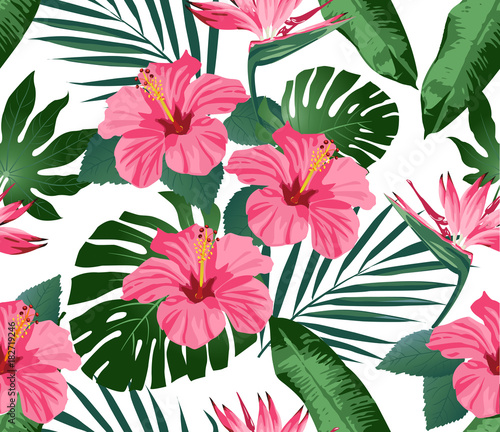 Fototapeta Naklejka Na Ścianę i Meble -  Tropical flowers and leaves on background. Seamless. Print Fashion. Vector.