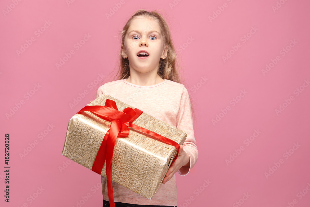 picture of happy little girl with gift box picture of happy little girl with gift box