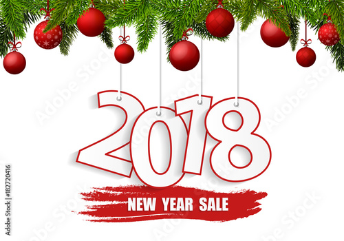 New Year Sale 2018 banner with red Christmas balls. Vector illustration