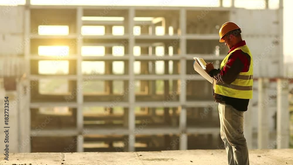 Master builder looks at new construction site and makes notes in works documentation. Worker in hard hat stands on project site and looks at new building structure, beautiful sunset at background Master builder looks at new construction site and makes notes in works documentation. Worker in hard hat stands on project site and looks at new building structure, beautiful sunset at background