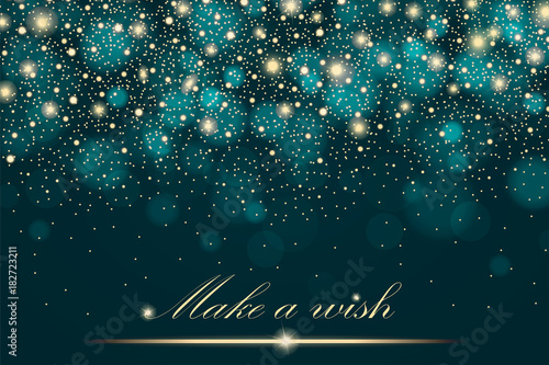 Vector gold glitter particles background effect for luxury greeting rich card. Sparkling texture. Star dust sparks in explosion on turquoise background. Vector illustration