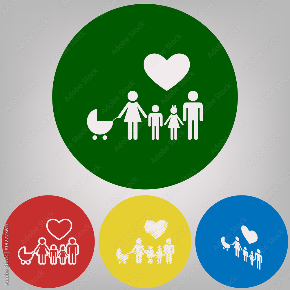Family sign with heart. Husband and wife are kept children's hands. Vector. 4 white styles of icon at 4 colored circles on light gray background.